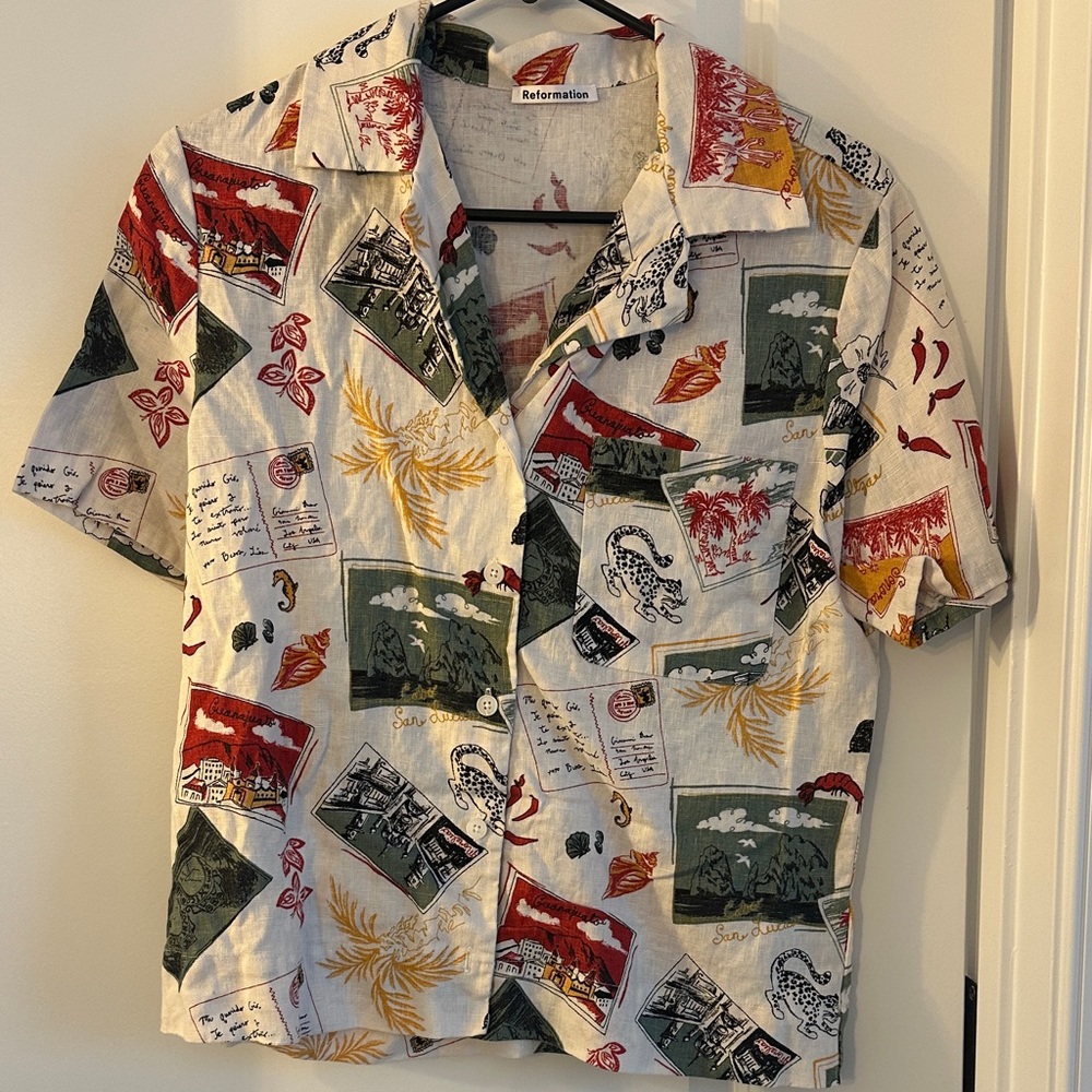 Reformation Cuba Postcard Novelty Print Linen Shirt